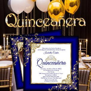 Invitation Quinceanera 15ème Couronne de perles bleu royal or
