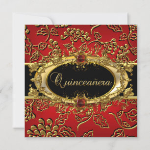 Invitation Quinceanera 15ème Damask Rouge Or Noir