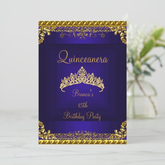 Invitation Quinceanera 15ème Deep Blue Gold Diamond Tiara (Debout devant)