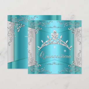 Invitation Quinceanera 15ème Diadème Bleu Sarcelle Argenté