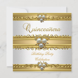 Invitation Quinceanera 15ème Élégant Bijou Perle Or Blanc