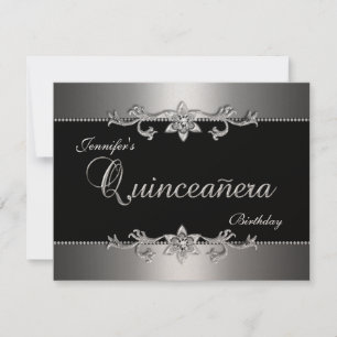 Invitation Quinceanera 15ème Élégant Noir Argent Bijou Fête