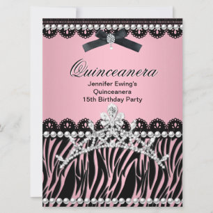 Invitation Quinceanera 15ème noir rose Zebra Tiara