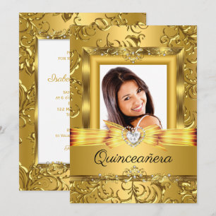 Invitation Quinceanera 15ème Or Damassé Photo Perle