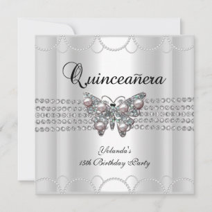 Invitation Quinceanera 15ème papillon blanc perle dentelle