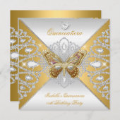 Invitation Quinceanera 15ème Parti Gold Butterfly Silver Tiar (Devant / Derrière)