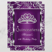 Invitation Quinceanera 15ème Parti Plum violet Damas Argent (Devant / Derrière)