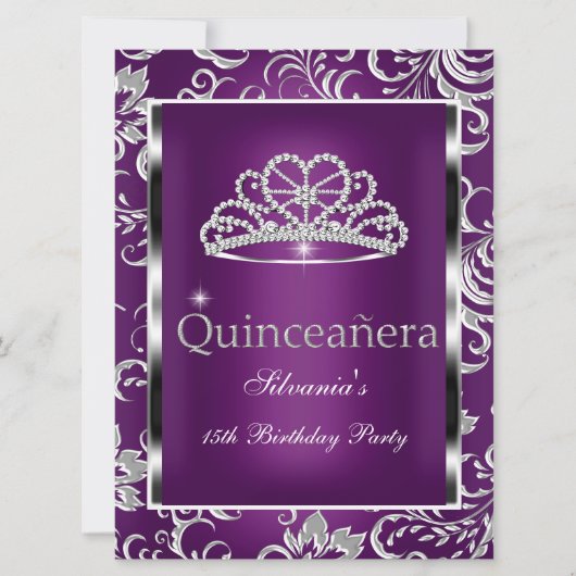 Invitation Quinceanera 15ème Parti Plum violet Damas Argent (Devant)