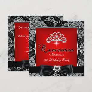 Invitation Quinceanera 15ème Parti Rouge Damas Argent Noir