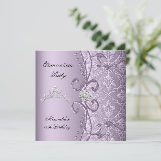 Invitation Quinceanera 15ème partie Damask Lilac Jewel Image (Debout devant)