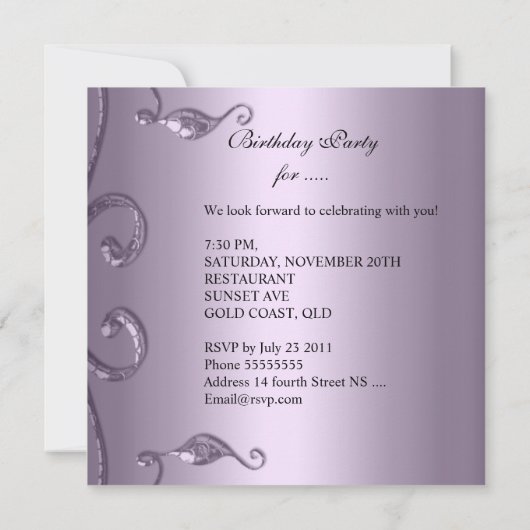 Invitation Quinceanera 15ème partie Damask Lilac Jewel Image (Dos)
