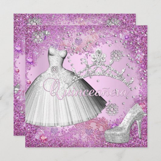 Invitation Quinceanera 15ème partie Robe Tiara rose Chaussure (Devant / Derrière)
