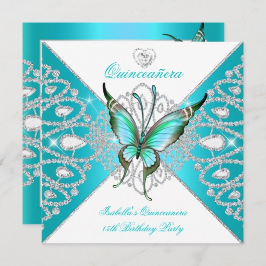Invitation Quinceanera 15ème partie Turquoise Bleu papillon T (Devant / Derrière)