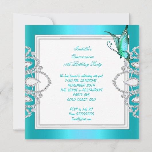 Invitation Quinceanera 15ème partie Turquoise Bleu papillon T (Dos)