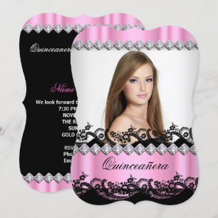 Invitation Quinceanera 15ème Pink Black White Lace Photo