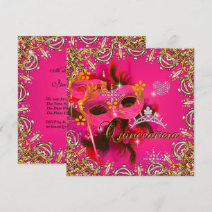 Invitation Quinceanera 15ème Rose Corail Fête de Mascarade Or