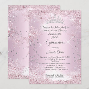 Invitation Quinceañera 15ème Rose Pâle Flocon de Neige Hiver