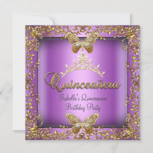 Invitation Quinceañera 15ème Rose Violet Papillon Doré