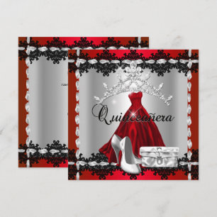Invitation Quinceanera 15ème Rouge Noir Diamant d'Argent Tiar