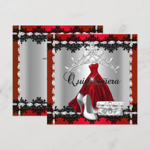 Invitation Quinceanera 15ème Rouge Noir Diamant d'Argent Tiar
