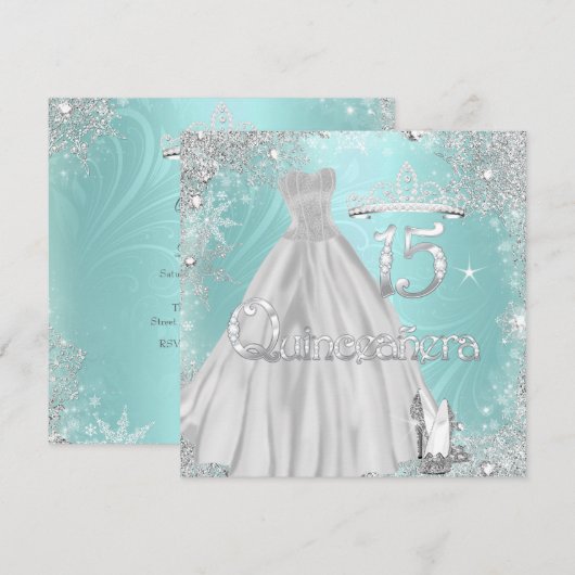 Invitation Quinceanera 15ème Snowflakes Turquoise d'argent (Devant / Derrière)