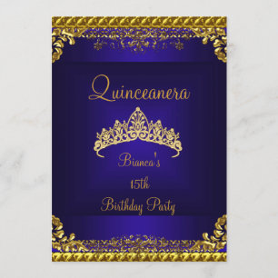Invitation Quinceanera 15ème Tiare Or Diamant Bleu Profond