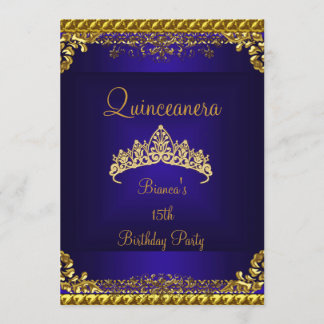 Invitation Quinceanera 15ème Tiare Or Diamant Bleu Profond