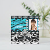 Invitation Quinceanera 15ème Turquoise Black Zebra Pearl Tiar (Debout devant)