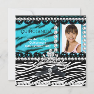 Invitation Quinceanera 15ème Turquoise Black Zebra Pearl Tiar