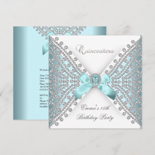 Invitation Quinceanera 15ème Turquoise Bleu Blanc Faux Diaman (Devant / Derrière)