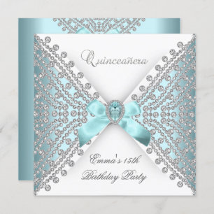 Invitation Quinceanera 15ème Turquoise Bleu Blanc Faux Diaman