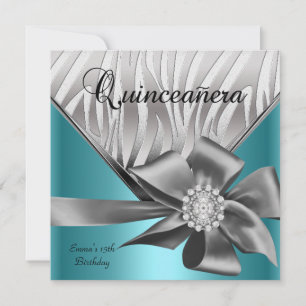 Invitation Quinceanera 15ème Turquoise Bleu Gris Argent Nœud