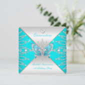 Invitation Quinceanera 15ème Turquoise Bleu Papillon Argent T (Debout devant)