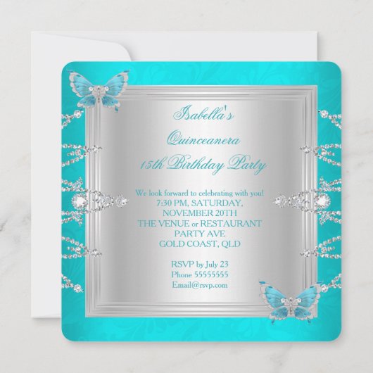 Invitation Quinceanera 15ème Turquoise Bleu Papillon Argent T (Dos)