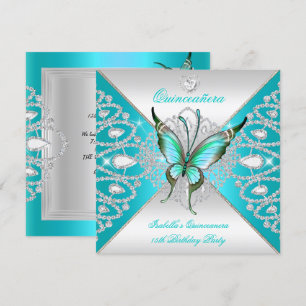 Invitation Quinceanera 15ème Turquoise Bleu Papillon Argent T