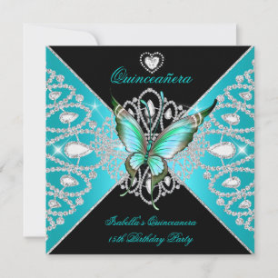 Invitation Quinceanera 15ème Turquoise Bleu Papillon noir Tia
