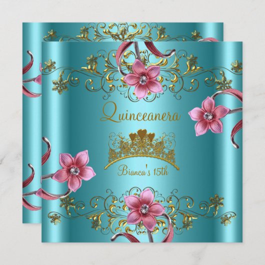 Invitation Quinceanera 15ème Turquoise bleu rose Fleurs Or Ti (Devant / Derrière)