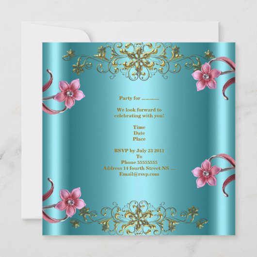 Invitation Quinceanera 15ème Turquoise bleu rose Fleurs Or Ti (Dos)