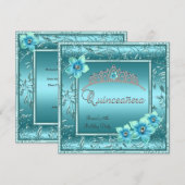 Invitation Quinceañera 15ème Turquoise Fleur bleue Silver Tia (Devant / Derrière)