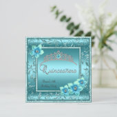Invitation Quinceañera 15ème Turquoise Fleur bleue Silver Tia (Debout devant)