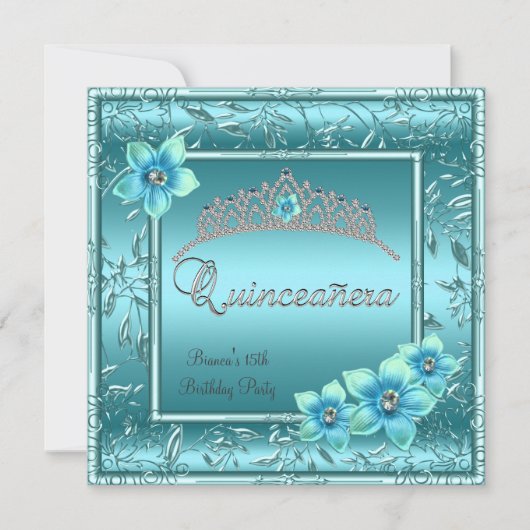 Invitation Quinceañera 15ème Turquoise Fleur bleue Silver Tia (Devant)
