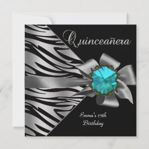 Invitation Quinceanera 15ème Zèbre Argenté Turquoise Noir Gri