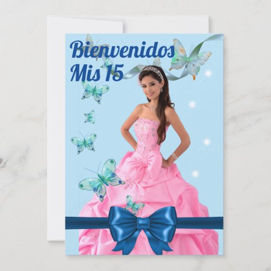 Invitation QUINCEAÑERA 15th BIRTHDAY CARD, BLUE BUTTERFLY (Devant)