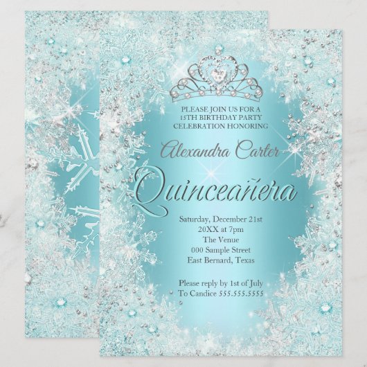 Invitation Quinceanera 15th Pretty Silver bleu Turquoise Floc (Devant / Derrière)