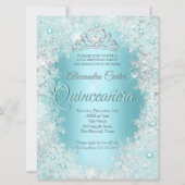 Invitation Quinceanera 15th Pretty Silver bleu Turquoise Floc (Devant)