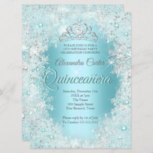 Invitation Quinceanera 15th Pretty Silver bleu Turquoise Floc