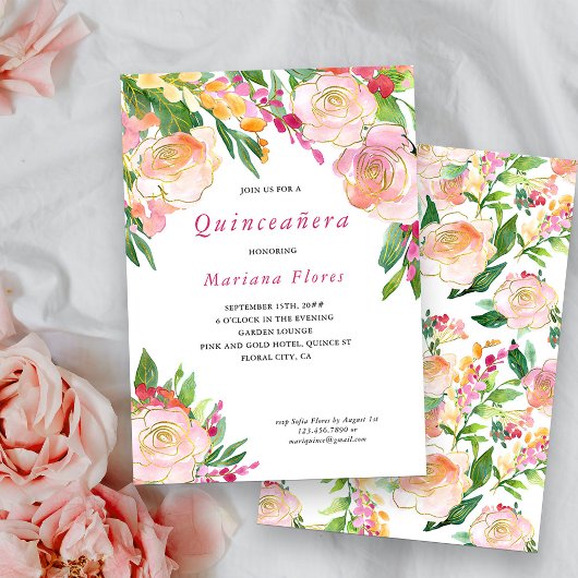 Invitation Quinceanera à la florale rose et or