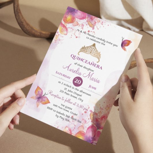Invitation Quinceañera a mis quince Tiara Butterflies