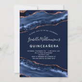 Invitation Quinceanera agate marbre marine bleu rose or (Devant)