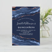Invitation Quinceanera agate marbre marine bleu rose or (Debout devant)